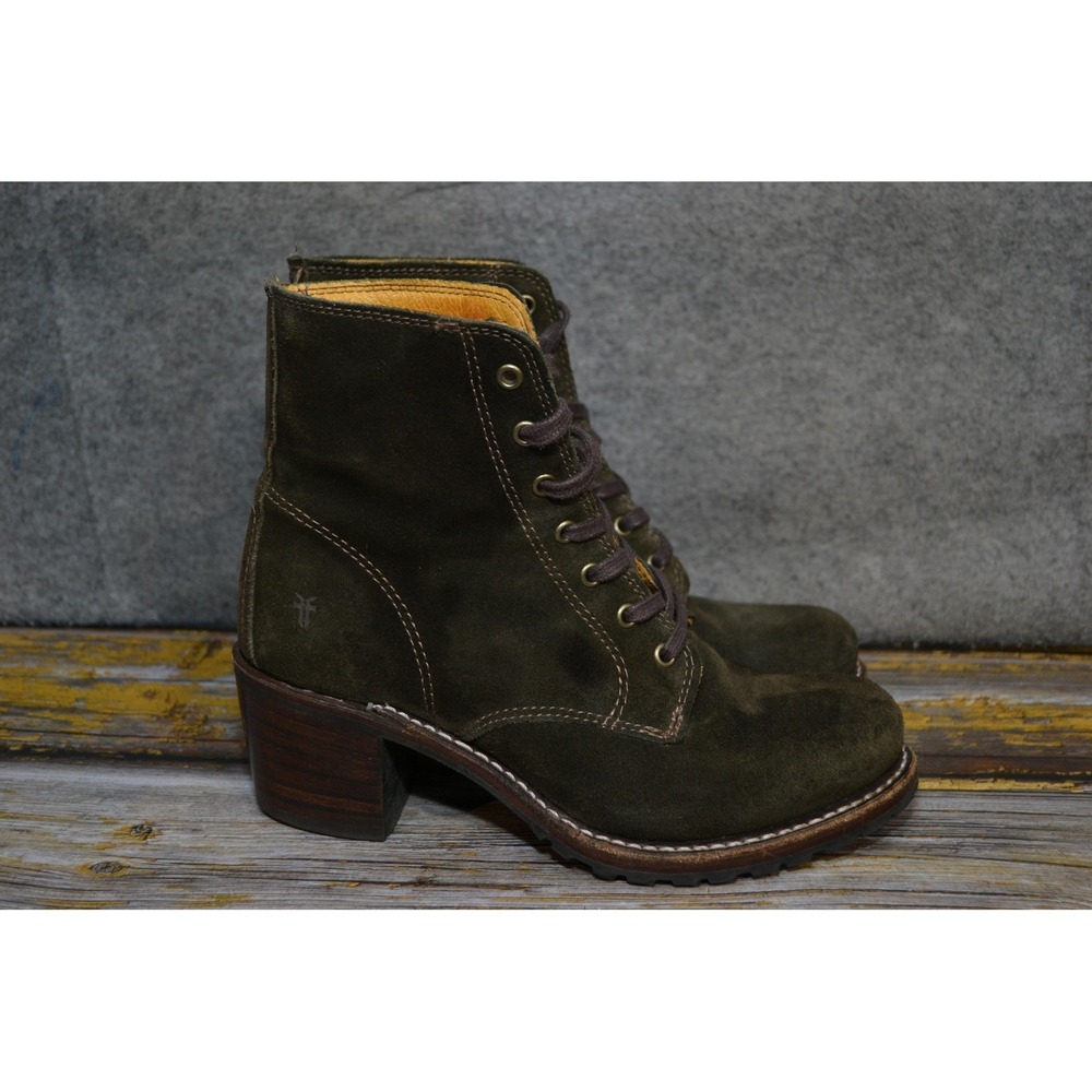 Frye Sabrina 6G Boots Womens 7.5 M Olive Green Suede Combat Lace Up Ankle USA